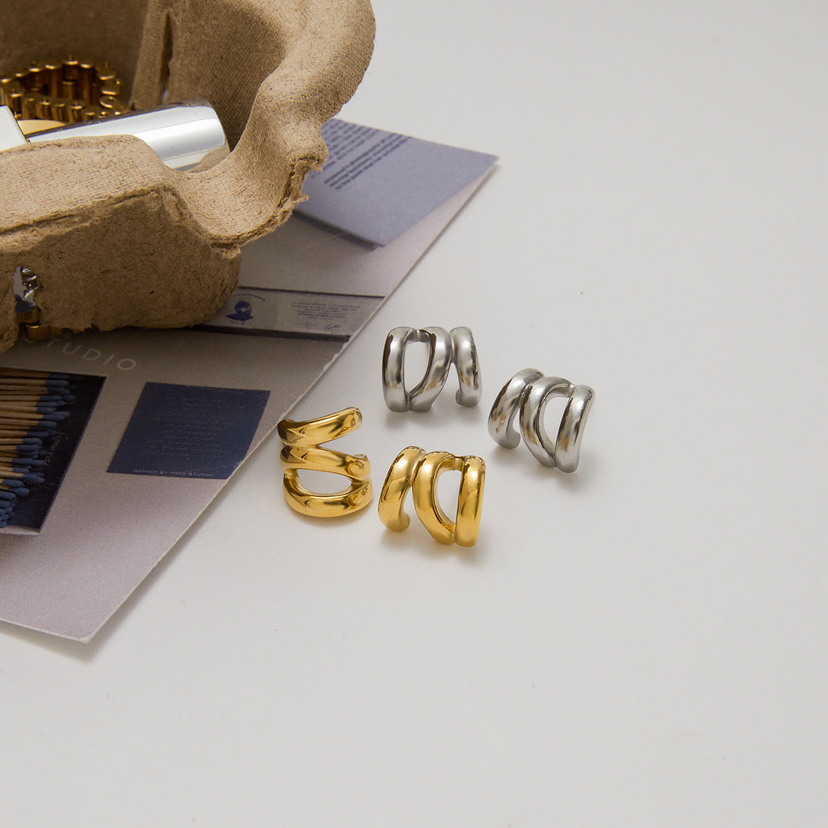 14K Gold Stainless Steel Three-Layer Hollow Earrings Jewelry for Women