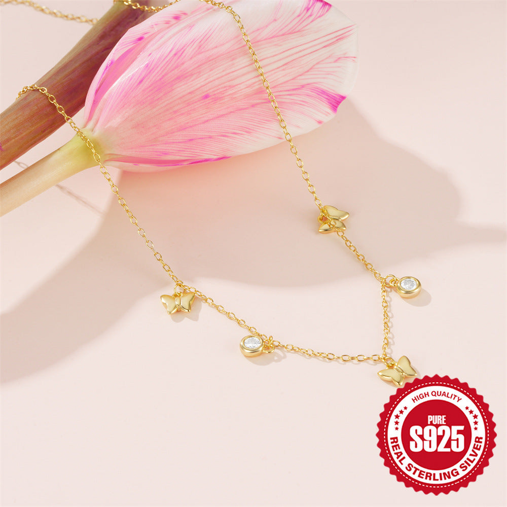 Sterling Silver Butterfly Zircon Stacked Collarbone Chain Necklace