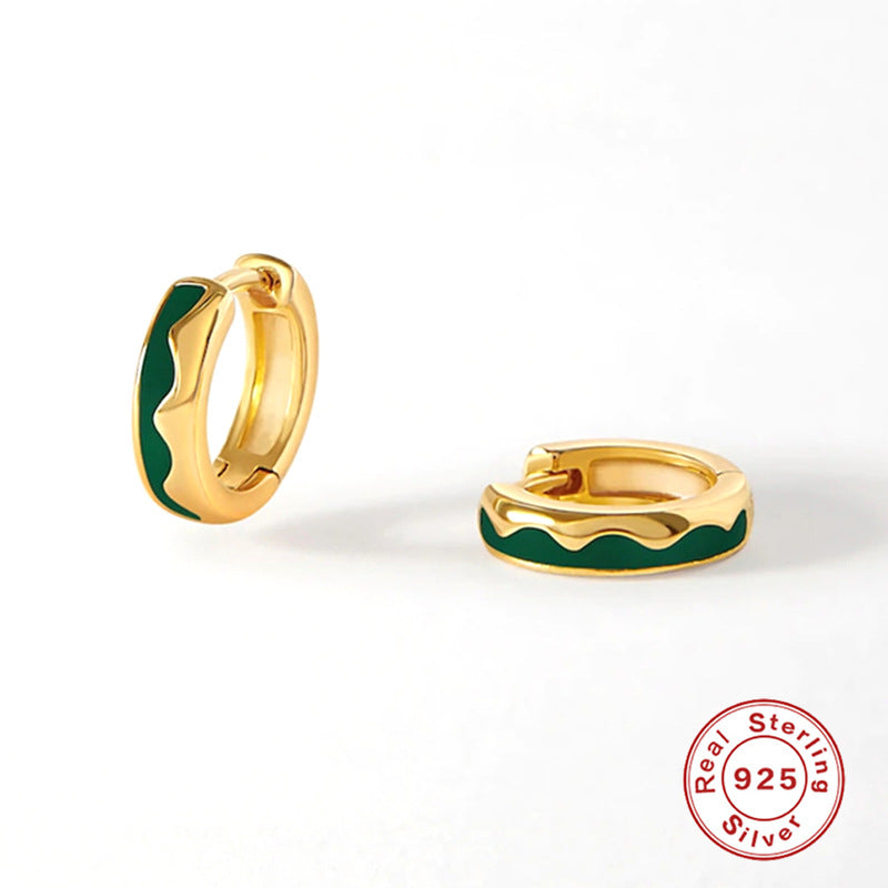 S925Sterling Silver Wave Oil Drop Imitation Enamel Hoop Earrings Hot-Selling Creative Ear Jewelry