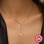 S925 Sterling Silver Four Pointed Star Moon Pendant Necklace Diamonds