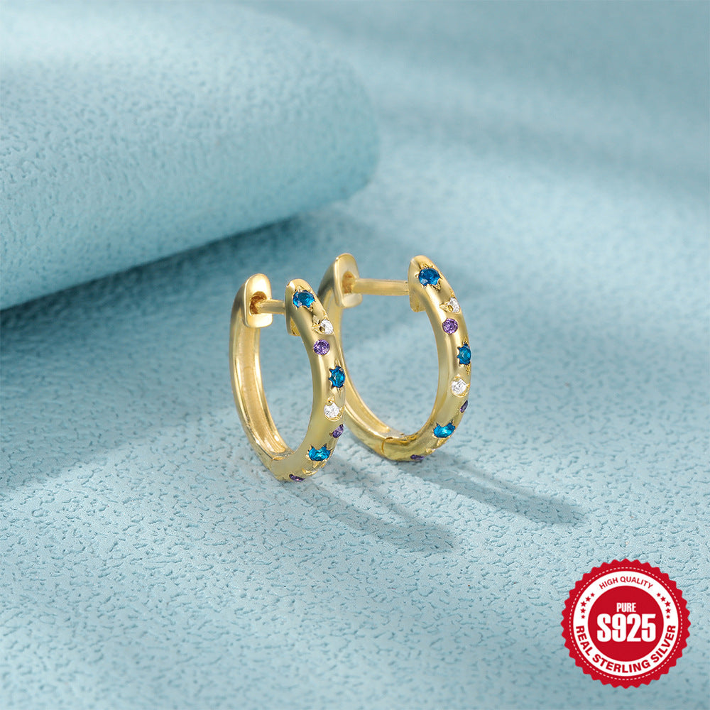 S925Sterling Silver Earrings for Women Fashion Star Moon Inlaid Diamond Hoop Earrings Ear Clips