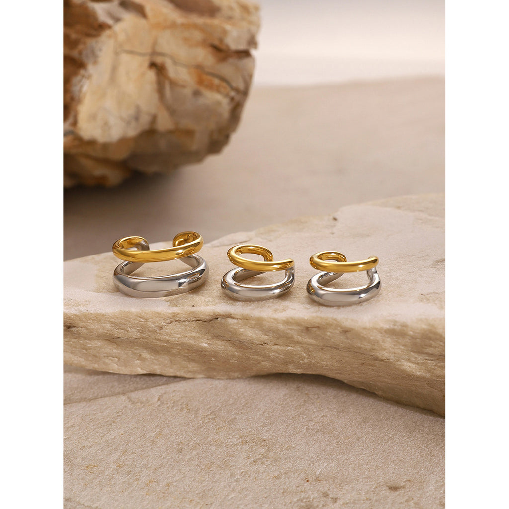2H 18K Gold Stainless Steel Color-Block Double-Layer Open Ring Minimalist Gold and Silver Two-Tone Ear Clip Geometric
