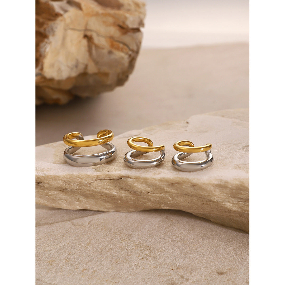 2H 18K Gold Stainless Steel Color-Block Double-Layer Open Ring Minimalist Gold and Silver Two-Tone Ear Clip Geometric