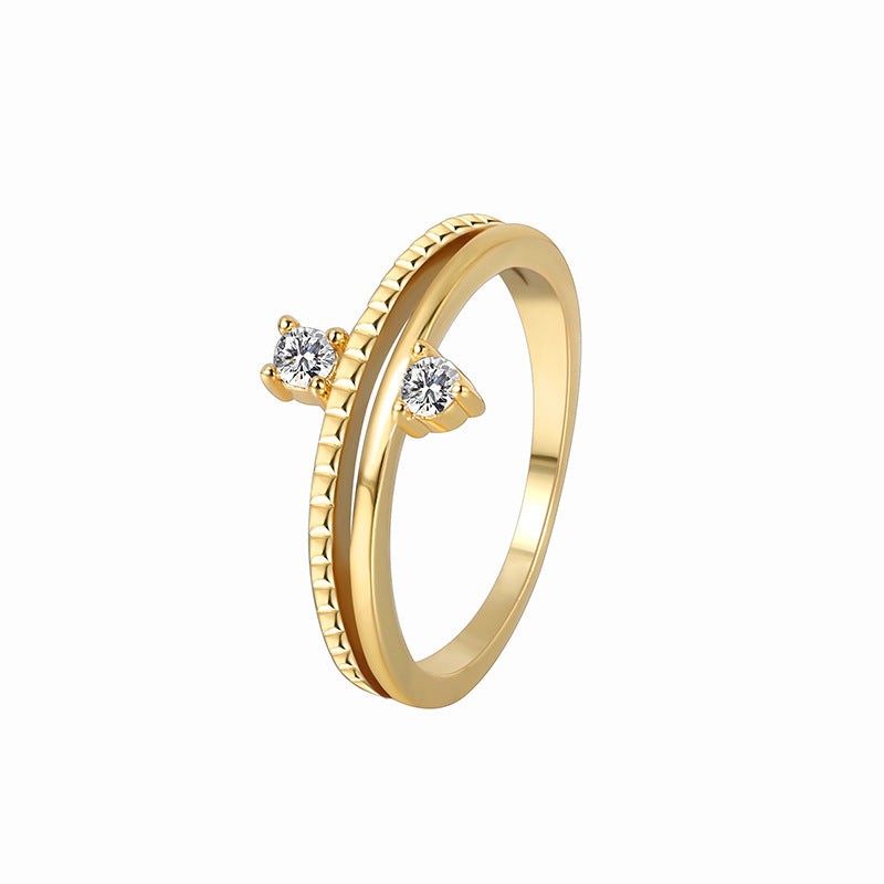 R0244 Brass Gold-Plated Joint Ring One-Piece Wholesale Fashion Personality Double Zirconia Ring