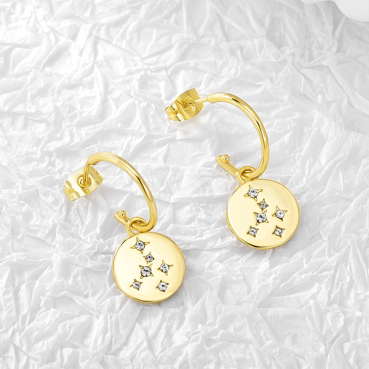 E0221  Round Disc Inlaid Diamond Star Earrings Vintage Meteor Round Pendant Earrings for Women