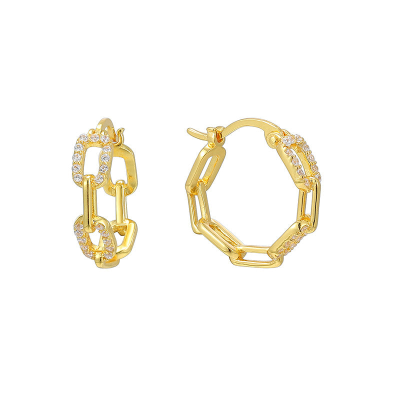 SE0033 S925Silver Hip-Hop Plated14K Gold Earrings for Women with Lock Clasp and Zircon Inlay, Minimalist Style