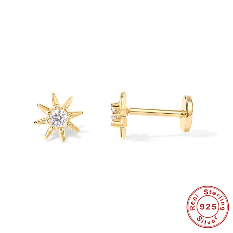 S925Sterling Silver Diamond-Encrusted Devil's Eye Flat Head Threaded Piercing Cartilage Earrings Snake Smiley Face Ear Bone Studs for Women