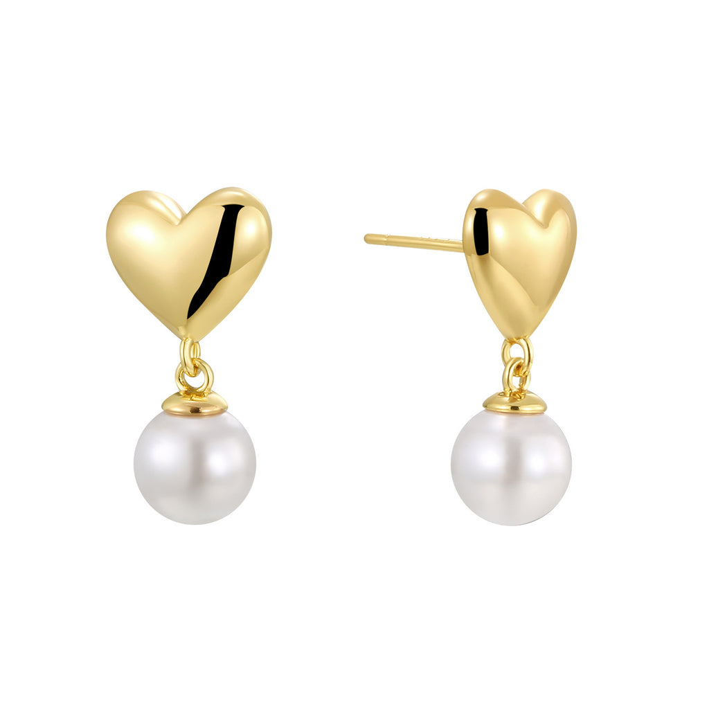 E0139 S925Silver Needle Copper Gold-Plated Smooth Heart Earrings for Women, Chanel Style Pearl Drop Earrings