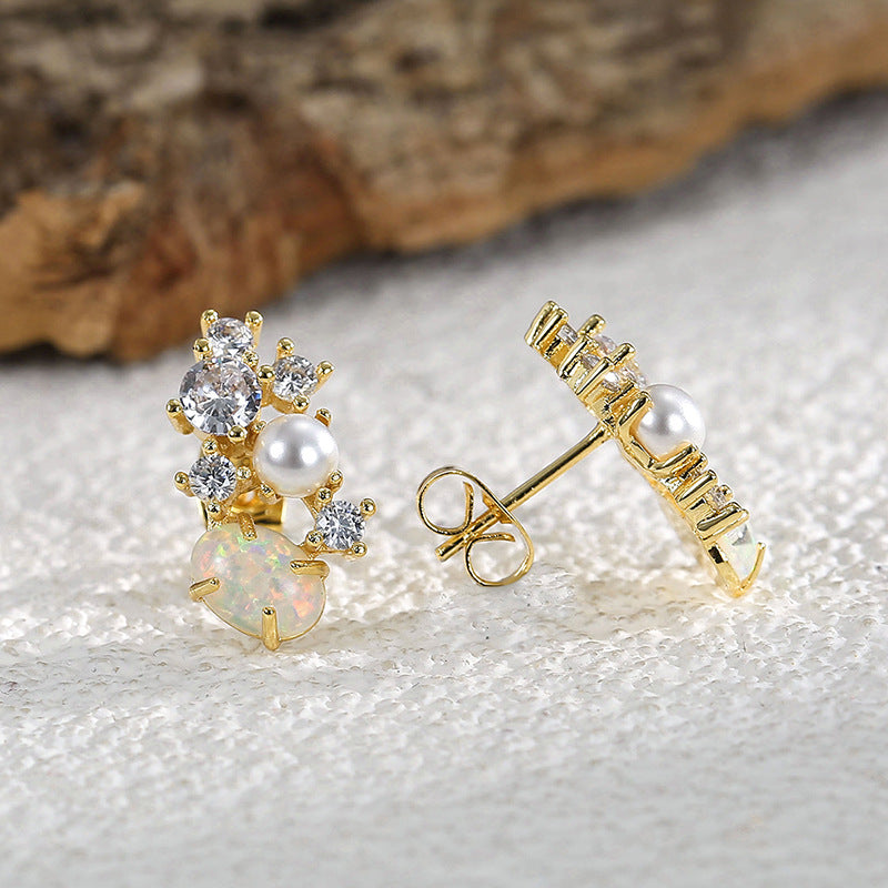 E0353 Vintage Opal Pearl Earrings Fairy Zircon Pearl Studs Evening Jewelry for Women