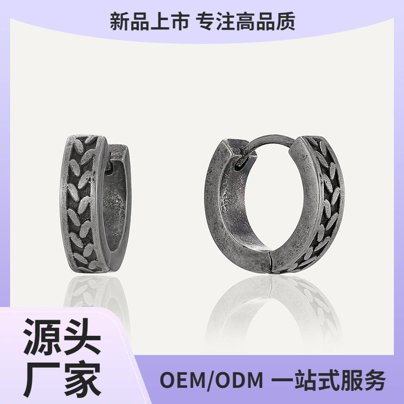 E0737 Tire Pattern Earrings Vintage Silver Distressed Ear Clips