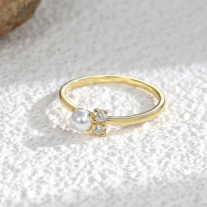 R0227 New Zircon Shell Pearl Ring for Women, Minimalist Joint Ring, Fashionable Retro