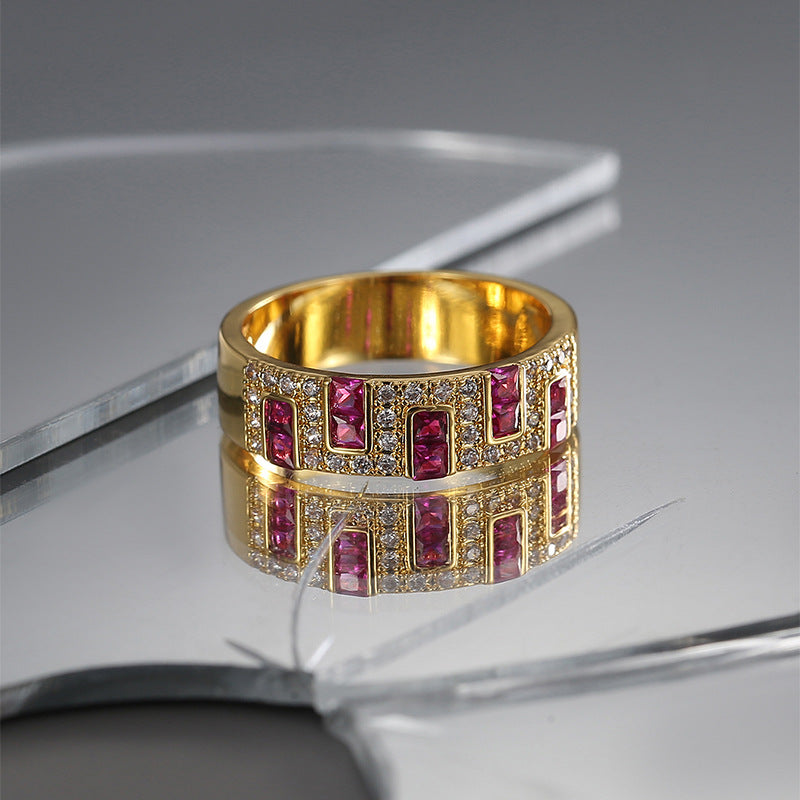 R0538 French Retro Inlaid Square Red Zircon Ring for Women Simple and Cool