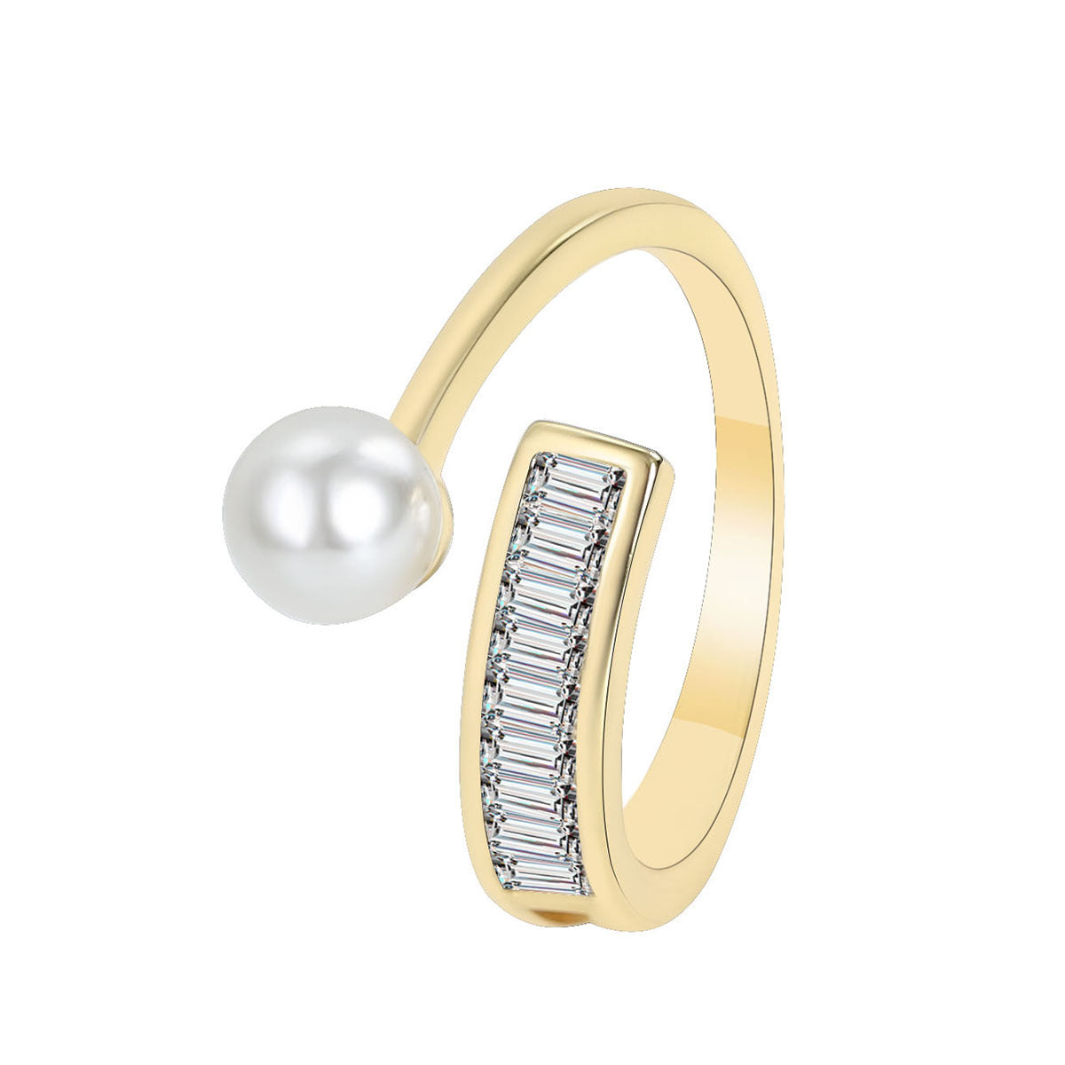 R0065 Ladder Cubic Zirconia Pearl Open18K Gold Electroplated Ring Women's Fashion Shell Pearl Ring