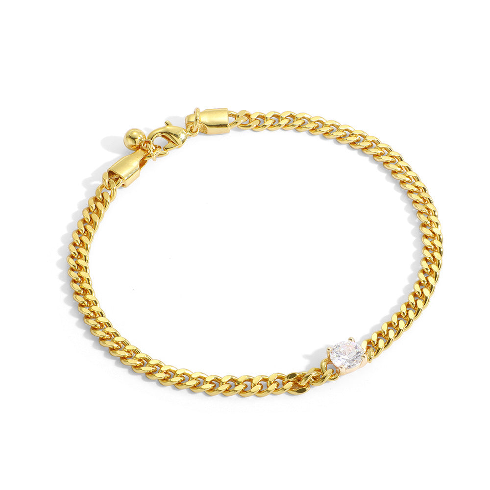B0064Copper Inlaid Zirconia Gold-Plated Cuban Chain Bracelet for Women Classic Basic Single Diamond Simple