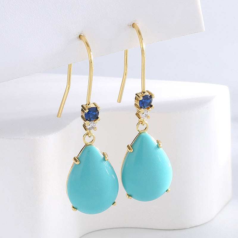 E0478 Elegant and fashionable Water Drop Blue Turquoise Ear Hook Women's retro Inlaid Blue Zircon Ear Jewelry