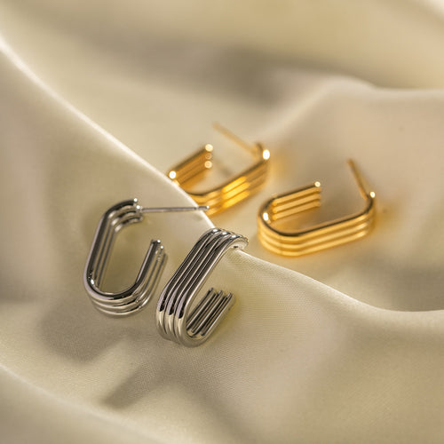 18K Gold-Tone Geometric Layered Stainless Steel Hoop Earrings with geometric design details