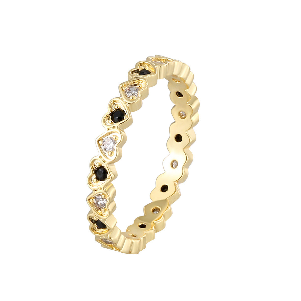 R0672 Fashionable Personality Ring for Women with Heart Inlay and Black and White Zircon