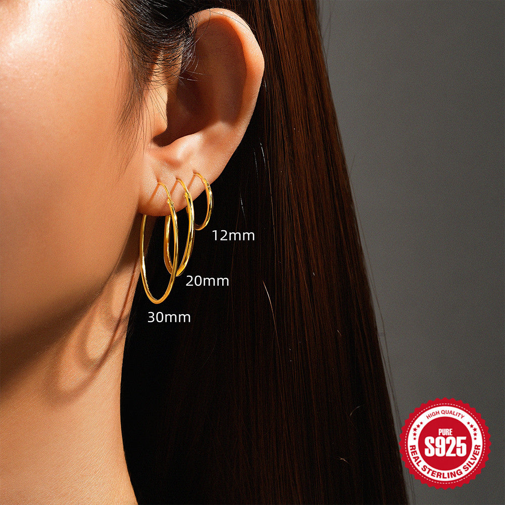 925Pure Silver Minimalist Smooth Hoop Earrings Set Hot-Selling Classic Cool Earrings for Women