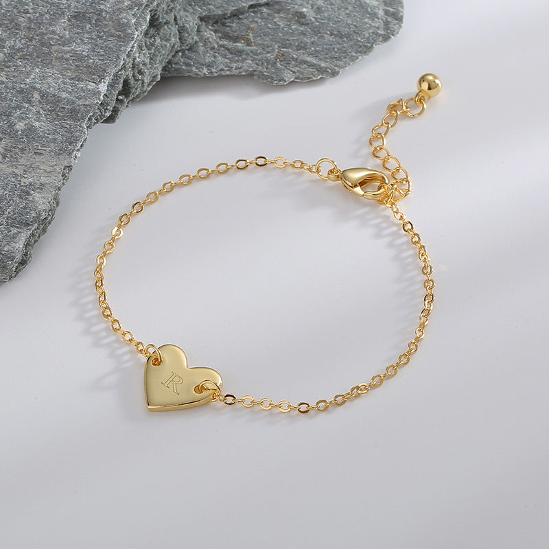B0182  Korean Version Fashion Simple Heart-shaped Bracelet for Women gold Love Heart26Minimalist Letter Style