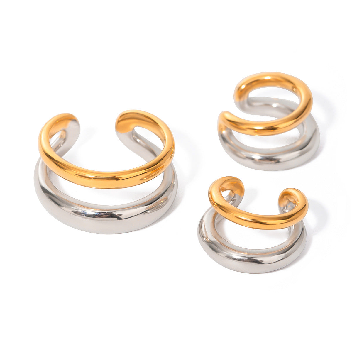 2H 18K Gold Stainless Steel Color-Block Double-Layer Open Ring Minimalist Gold and Silver Two-Tone Ear Clip Geometric