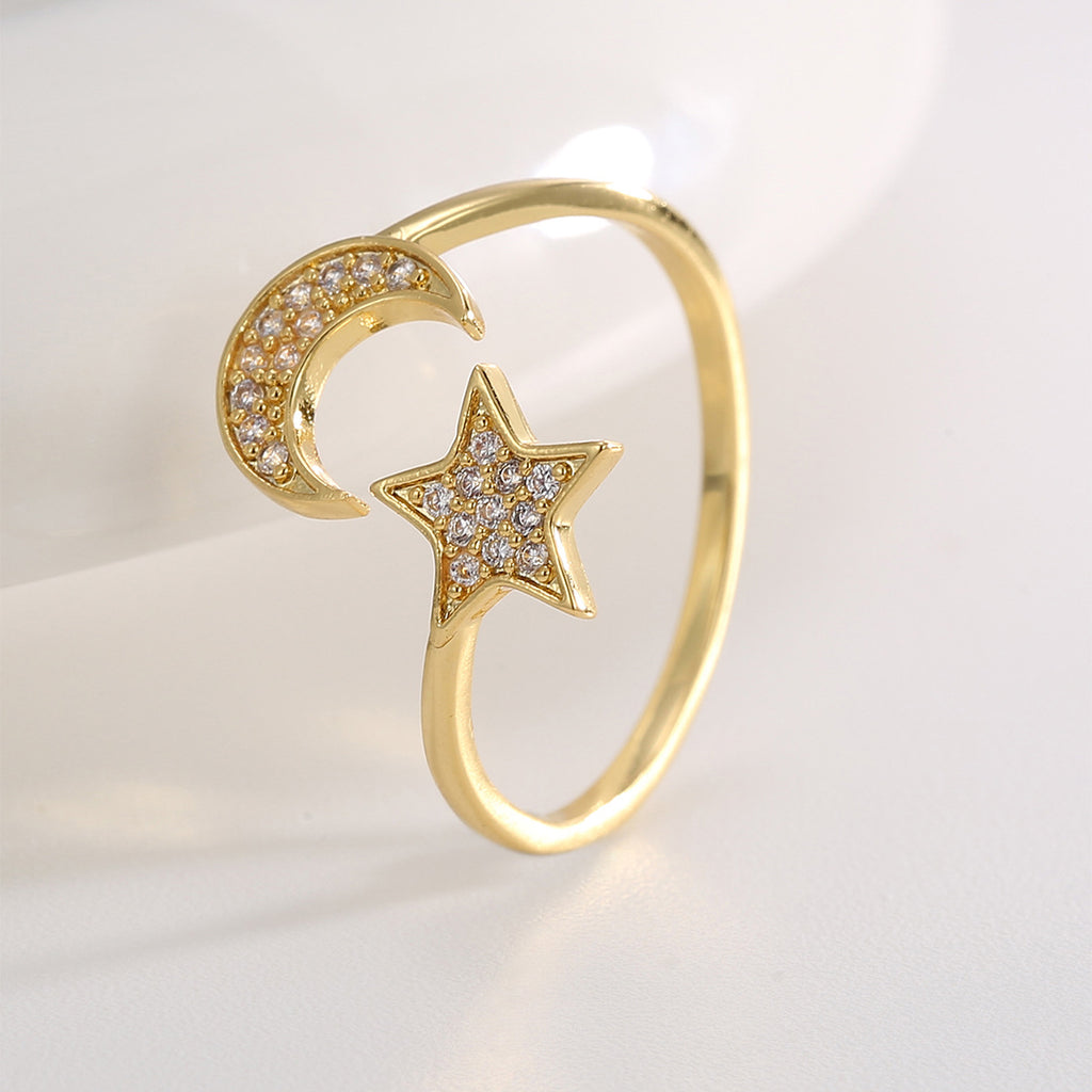 R0676 Star and Moon Inlaid Zircon Ring for Women, New Open Adjustable Tail Ring