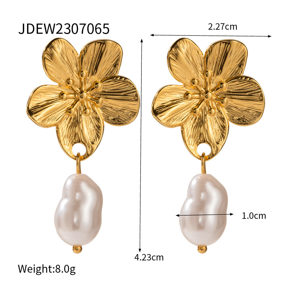 Stainless Steel Pearl Earrings Flower Studs Open Ring Jewelry