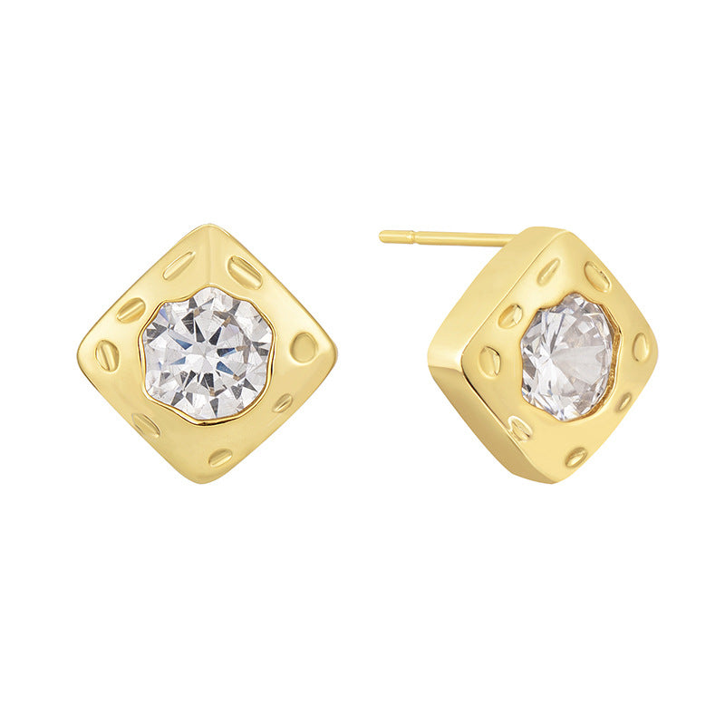 E0647 Square Inlaid Irregular Zircon Gender-Neutral Earrings Brass Gold-Plated Simple Ear Jewelry