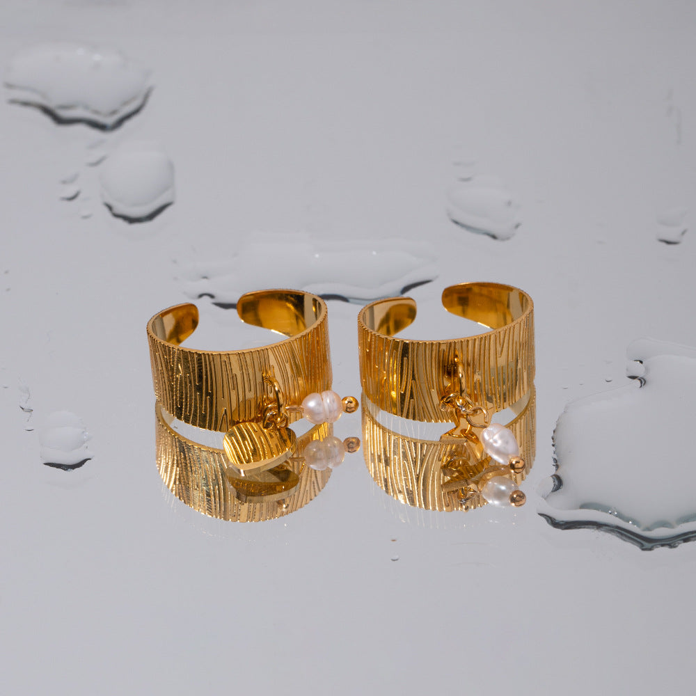 2H Internet celebrity18K Gold-plated Stainless Steel Open Ring Freshwater Pendant Star Heart Pendant Ring