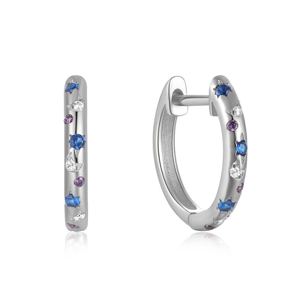 S925Sterling Silver Earrings for Women Fashion Star Moon Inlaid Diamond Hoop Earrings Ear Clips