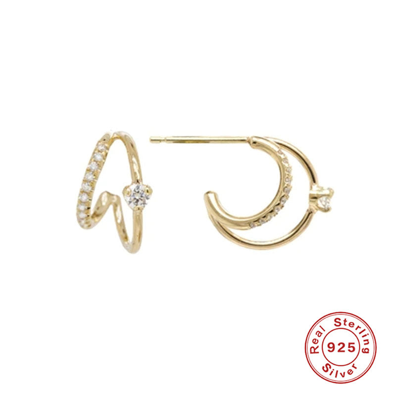 S925Sterling Silver Layered C Exaggerated Creative Style Earrings with Dense Studs and Claw Setting Double Steel Wire Hoop Earrings