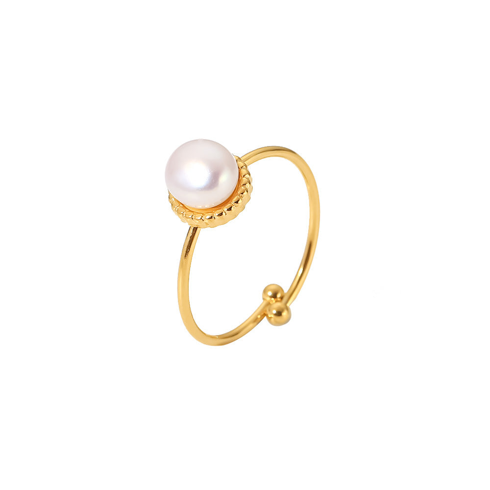 2H  Fashion Versatile Same Style Ring 18K Gold Stainless Steel Adjustable Freshwater Pearl Bread Bead Fine Ring