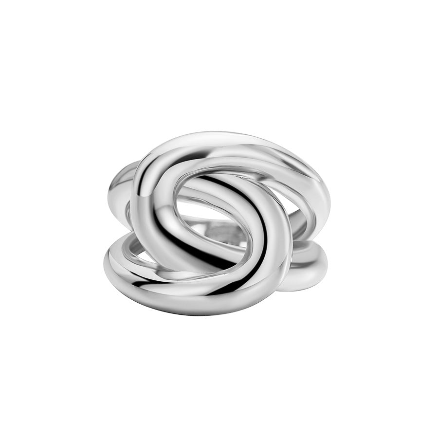 R0310 Exaggerated Irregular Interwoven Twisted Ring for Women with Metallic Texture and Smooth Surface