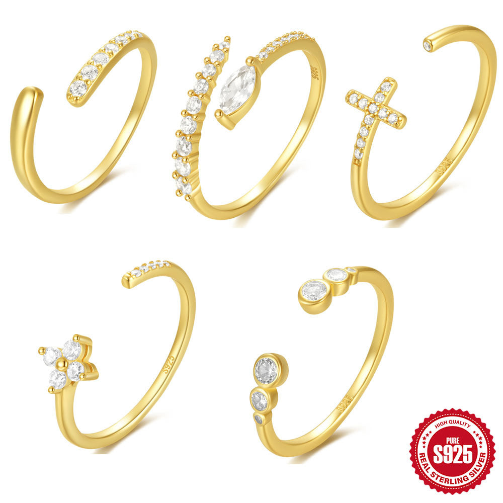 S925Sterling Silver Curved Petal Single Row Diamond Luxury Stacked Open Ring Hot Selling Index Finger Ring