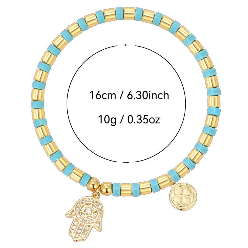 B0289 Palm-shaped copper-plated14k Gold Beaded Inlaid Turquoise Fashion Bracelet