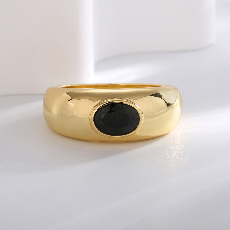 R0313 Ring for Women Copper Plated with Real Gold Black Zircon Minimalist