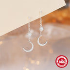 S925Sterling Silver Chain Tassel Star Moon Diamond Earrings Stud Earrings Korean Style Hot Selling Bright Silver Earrings