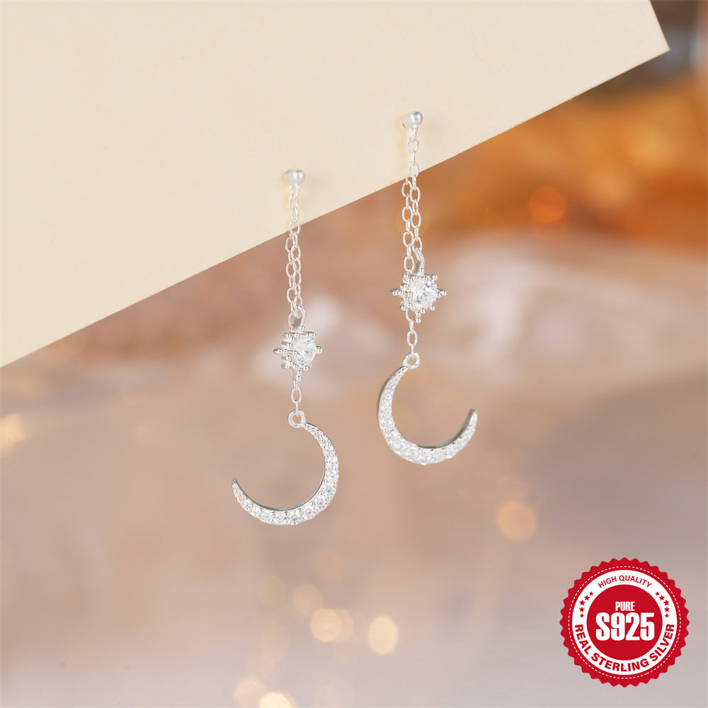 S925Sterling Silver Chain Tassel Star Moon Diamond Earrings Stud Earrings Korean Style Hot Selling Bright Silver Earrings