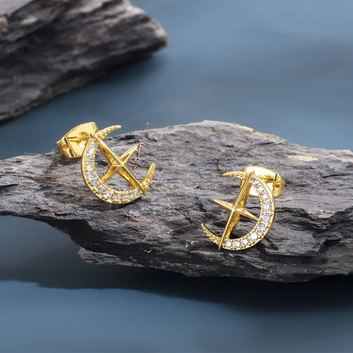 18K Gold-Plated Brass Star Moon CZ Stud Earrings with cubic zirconia design details