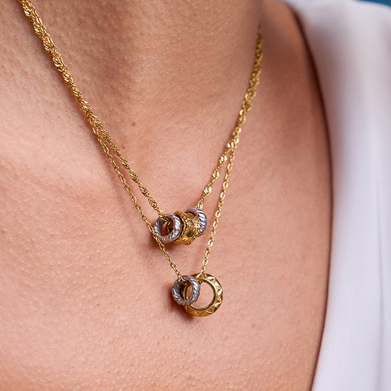 2H Color Block Circle Necklace Accessories Women's Collarbone Chain Stainless Steel Necklace Women