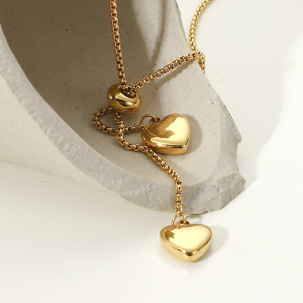 2H Necklace 14K Gold Y Letter Rope Chain Two Heart Pendant Necklace Women's Fashion Necklace