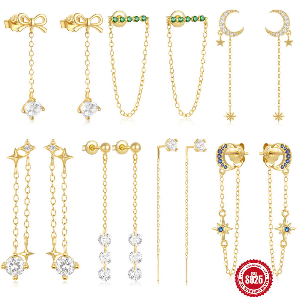 S925Sterling Silver Tassel Long Bowknot Inlaid Diamond Ear Thread Earrings Star Moon Stud Earrings for Women