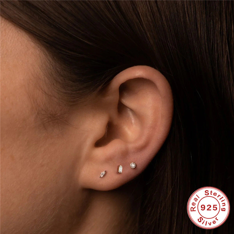 S925Sterling Silver Diamond-Studded Body Piercing Flat Head Threaded Ear Bone Stud Korean Style Geometric Minimalist Earrings for Women