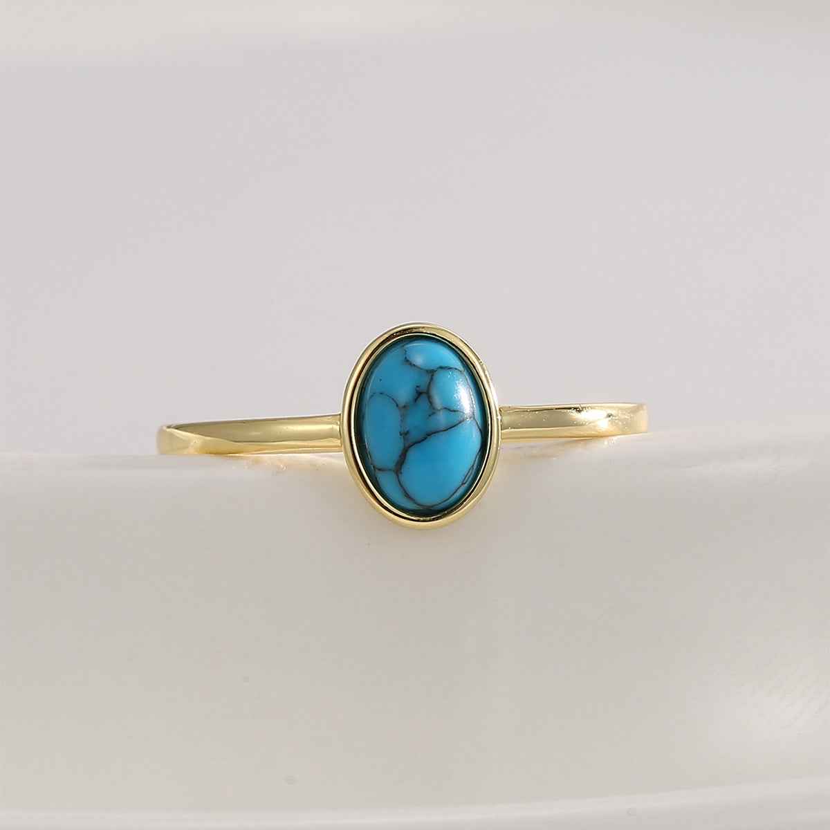R0677 Bohemian Checkered Design Ring for Women gold Inlaid Oval Turquoise Vintage