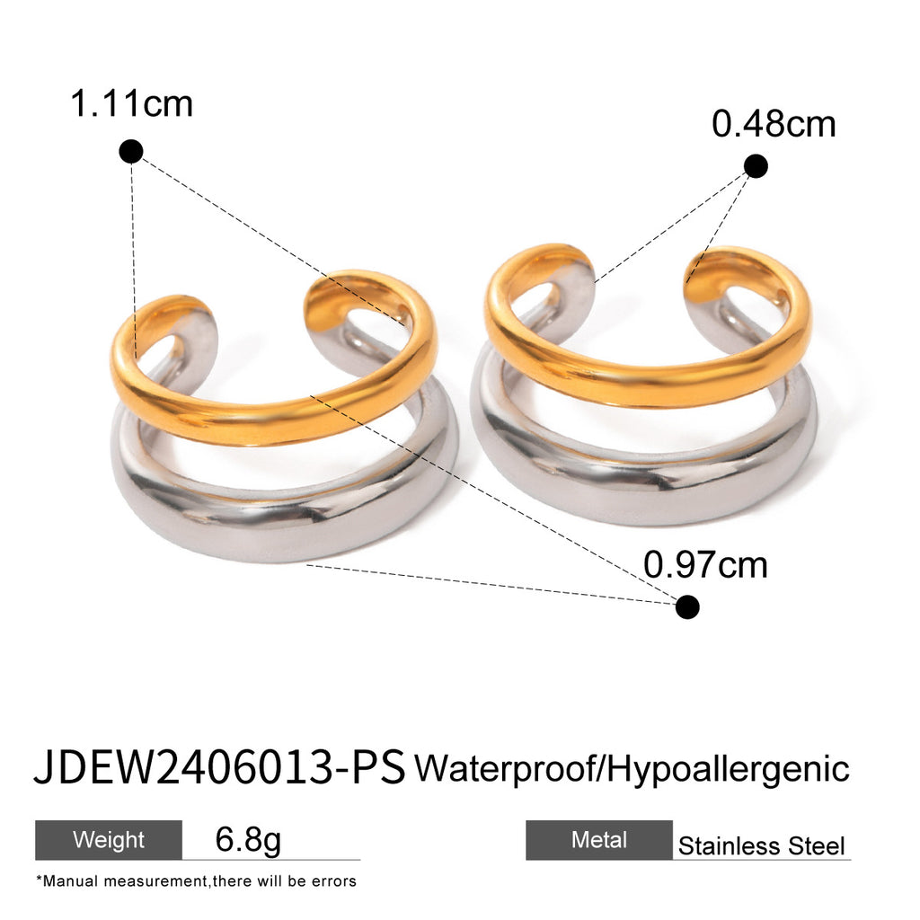 2H 18K Gold Stainless Steel Color-Block Double-Layer Open Ring Minimalist Gold and Silver Two-Tone Ear Clip Geometric