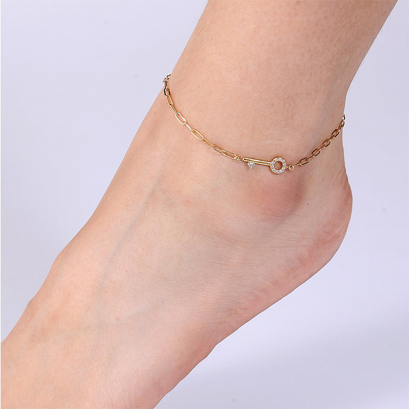 A0007 Accessories Hip-Hop Chain Key-Shaped Zircon Anklet for Women Modern Simple Adjustable Foot Jewelry