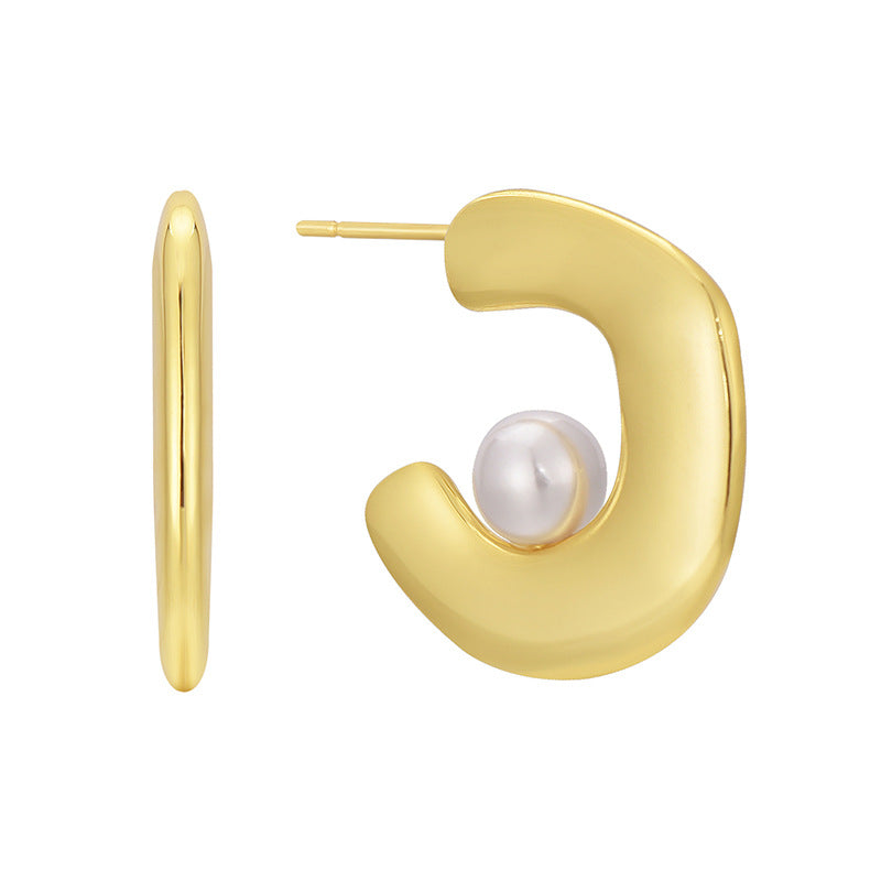 E0617 Fashion C Word-shaped Inlaid Pearl Stud Earrings for Women, Minimalist Cold Style Earrings