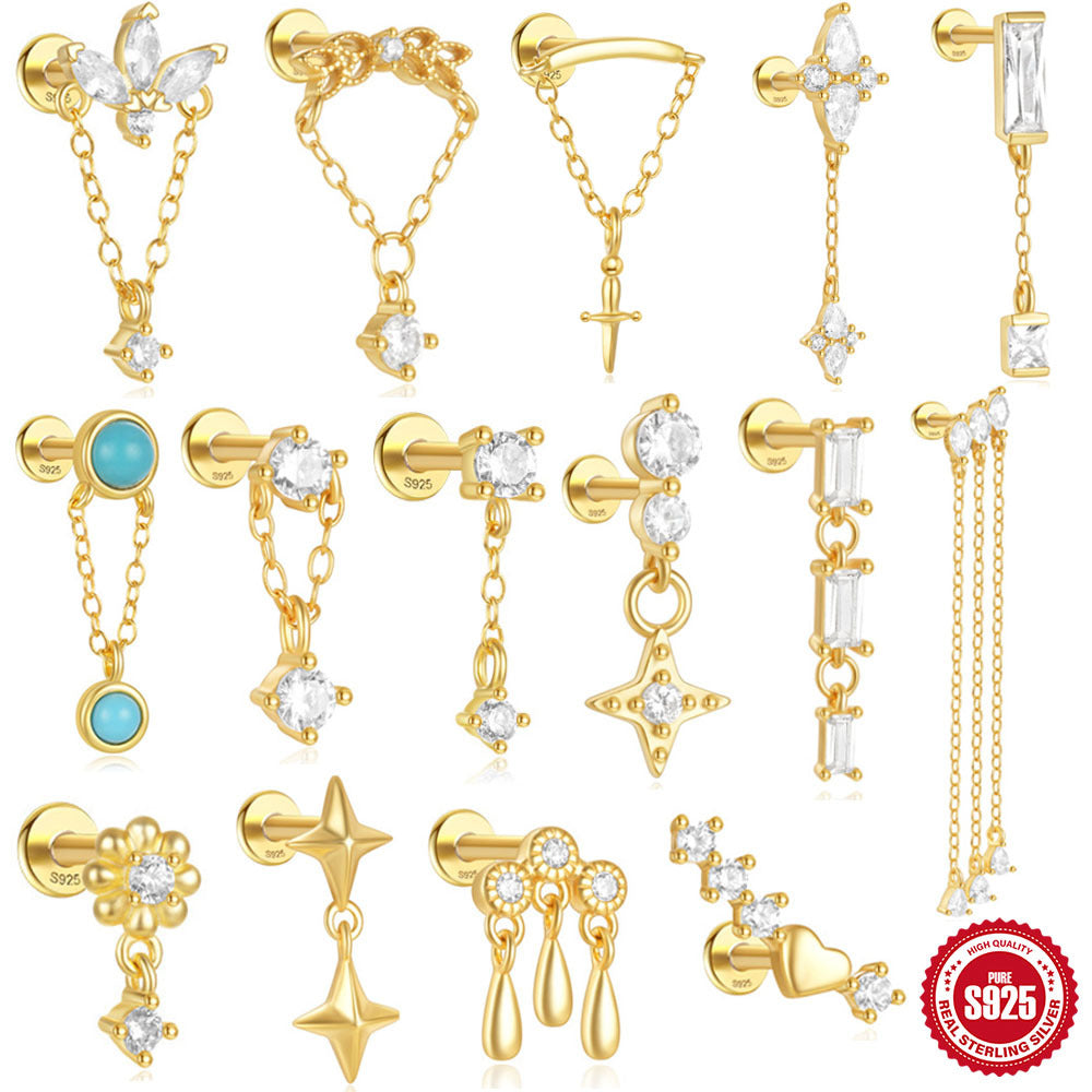 New S925Sterling Silver Tassel Chain Inlaid Diamond Piercing Threaded Ear Bone Stud Hot-Selling Heart Turquoise Ear Jewelry