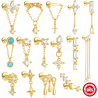 New S925Sterling Silver Tassel Chain Inlaid Diamond Piercing Threaded Ear Bone Stud Hot-Selling Heart Turquoise Ear Jewelry