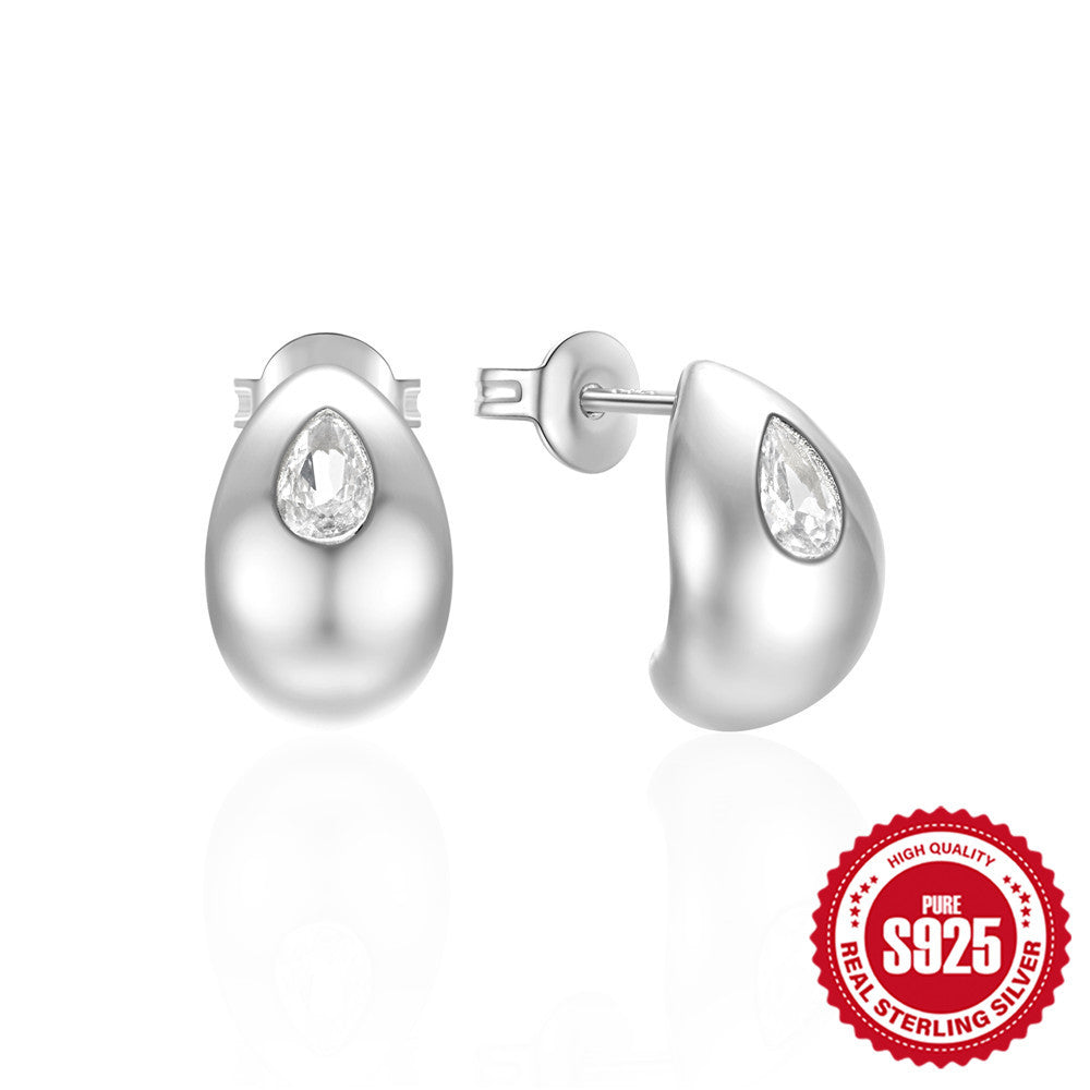 New925Pure Silver Classic Simple Round Shape C Stud Earrings with Inlaid Diamonds, Minimalist Design Sense, Korean and Japanese Style