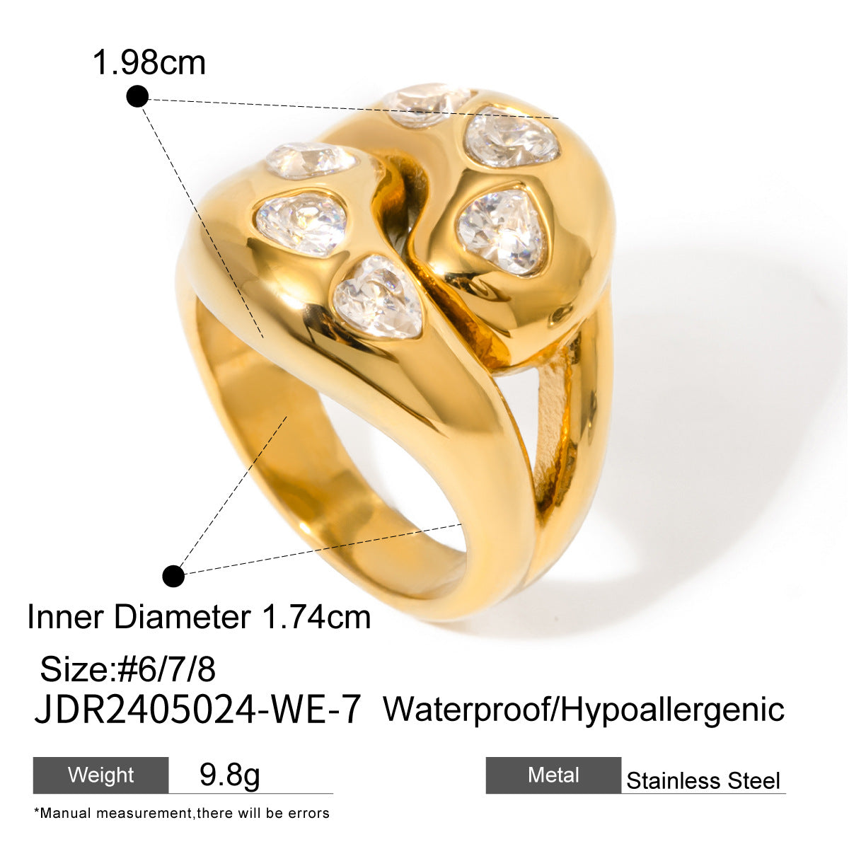 2H Stainless Steel Smooth Ring  Interlocking Water Drop White Heart-Shaped Zircon Ring